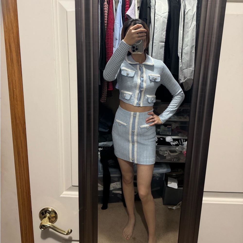 Self portrait knitted cardigan top and skirt